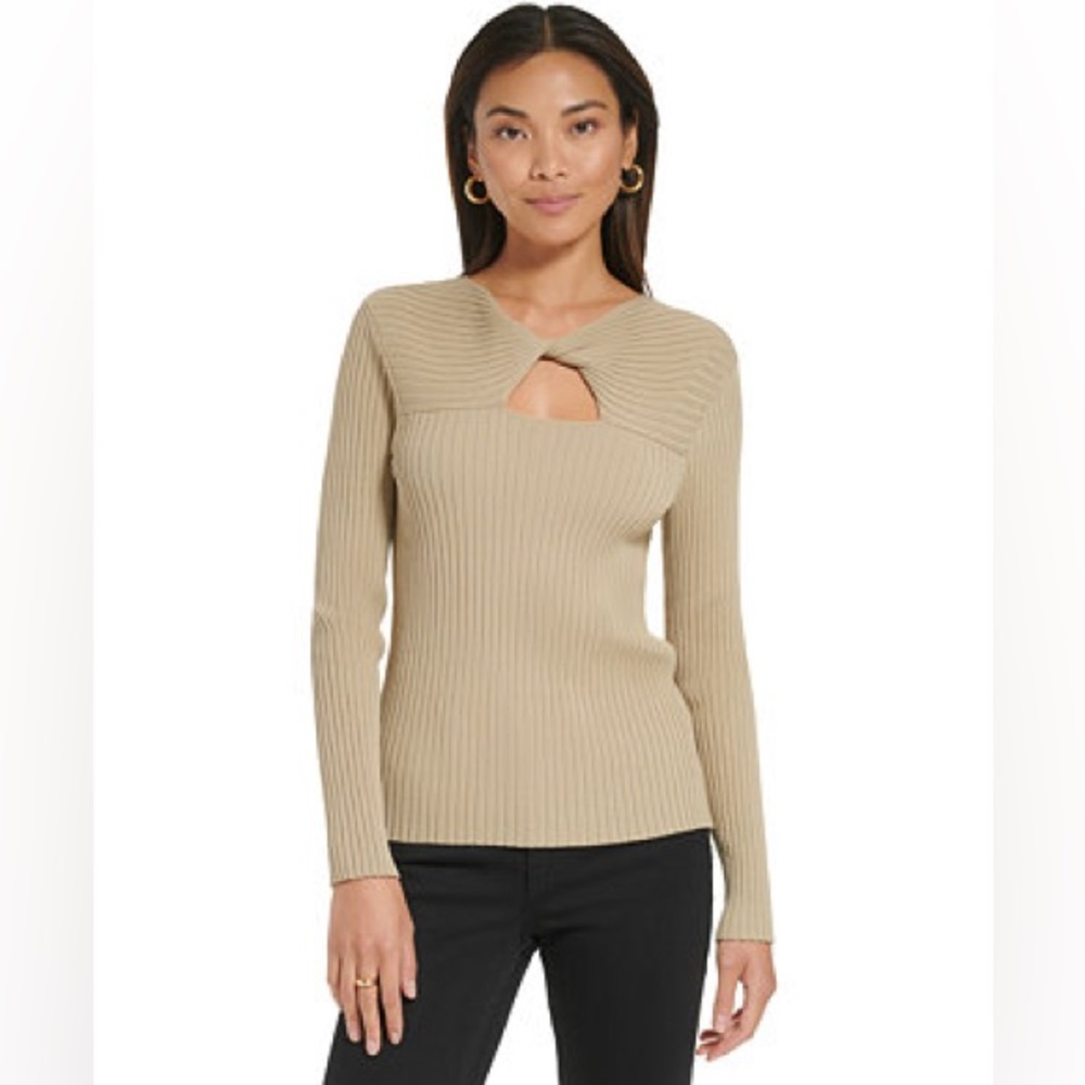 Calvin Klein Women's Tan Ribbed Keyhole Sweater Chai Medium NWT